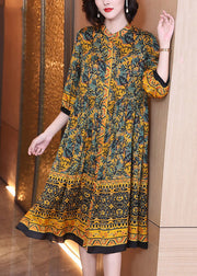 Natural Yellow Stand Collar Print Button Silk Maxi Shirts Dress Spring