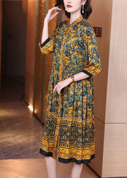 Natural Yellow Stand Collar Print Button Silk Maxi Shirts Dress Spring