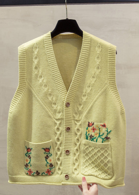 Natural Yellow V Neck Floral Cotton Knitted Waistcoat Fall