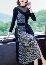 Navy Asymmetrical Design Silk Velour Long Dress Hollow Out Spring