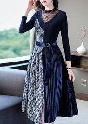 Navy Asymmetrical Design Silk Velour Long Dress Hollow Out Spring