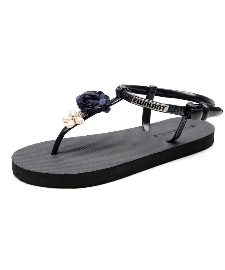 Navy Best Flat Beach Sandals Splicing Floral Buckle Strap