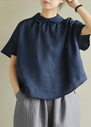 Navy Blue Cozy Solid Linen Shirt Short Sleeve