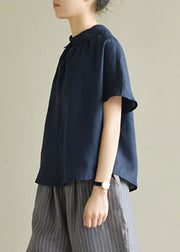 Navy Blue Cozy Solid Linen Shirt Short Sleeve