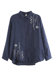 Navy Blue Embroideried Floral Cotton Shirt Spring