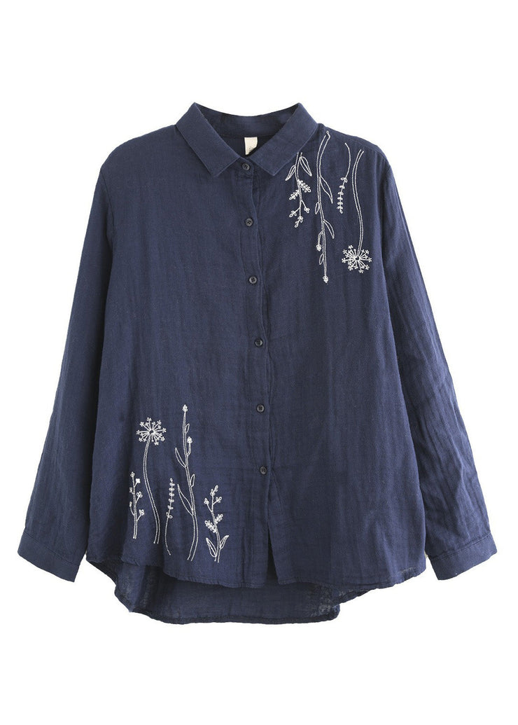 Navy Blue Embroideried Floral Cotton Shirt Spring