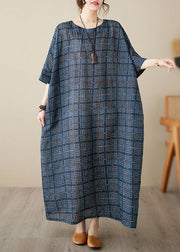 Navy Blue O-Neck Plaid Maxi Dress Short Sleeve