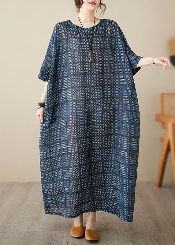 Navy Blue O-Neck Plaid Maxi Dress Short Sleeve