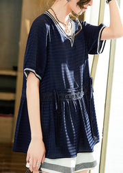 Navy Blue Patchwork Wrinkled Tie Waist Tops Summer