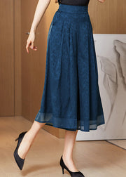 Navy Blue Jacquard High Waist Pants Skirt Silk