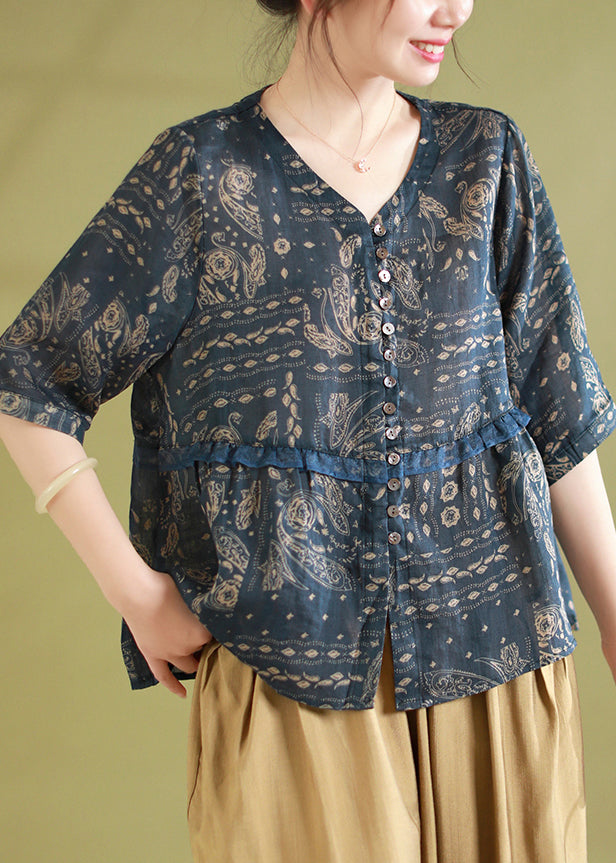 Navy Button Patchwork Linen Shirt Tops V Neck Half Sleeve