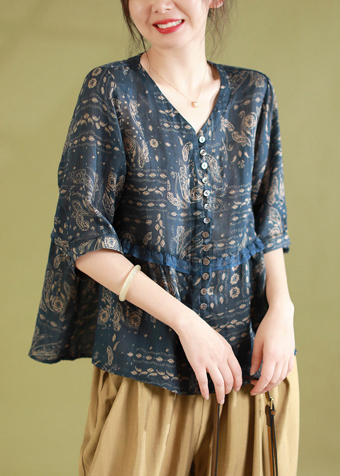 Navy Button Patchwork Linen Shirt Tops V Neck Half Sleeve