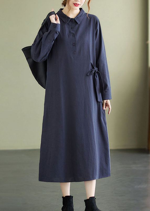 Navy Button Pockets Cotton Long Dresses Spring