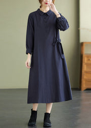 Navy Button Pockets Cotton Long Dresses Spring