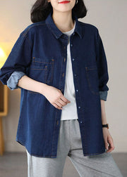 Navy Cotton Denim Coats Oversized Turn-down Collar Spring