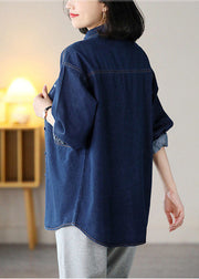 Navy Cotton Denim Coats Oversized Turn-down Collar Spring