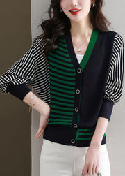 Navy Cozy Patchwork Knit Cardigans Striped Long Sleeve