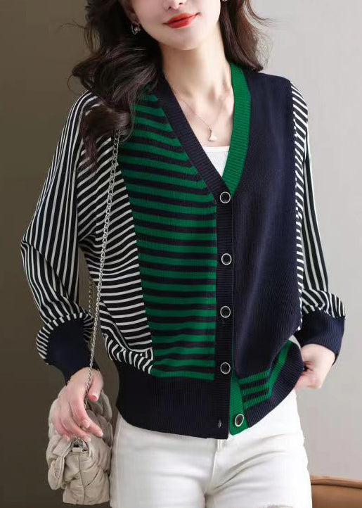 Navy Cozy Patchwork Knit Cardigans Striped Long Sleeve