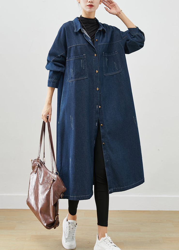 Navy Denim Trench Coats Oversized Pockets Fall