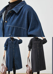 Navy Denim Trench Coats Oversized Pockets Fall