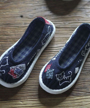 Navy Flat Feet Shoes Cotton Fabric Comfortable Splicing Cartoon Embroidery