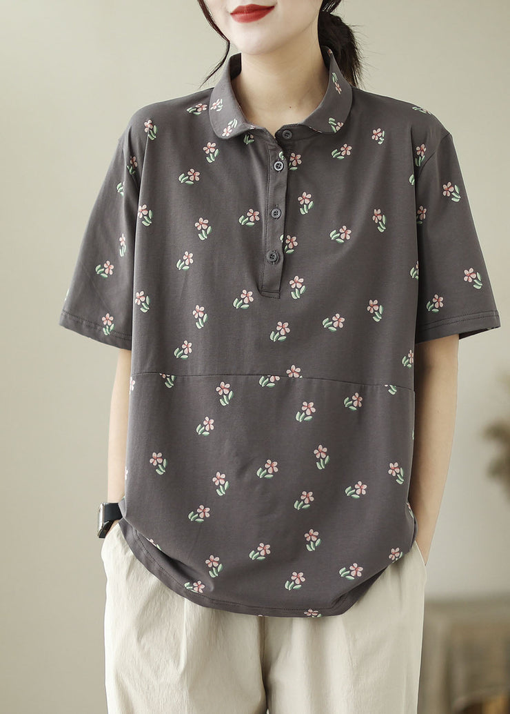 Navy Floral Patchwork Cotton T Shirt Peter Pan Collar Summer