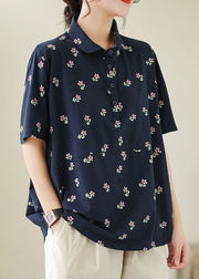 Navy Floral Patchwork Cotton T Shirt Peter Pan Collar Summer