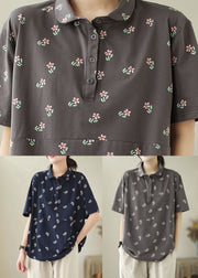 Navy Floral Patchwork Cotton T Shirt Peter Pan Collar Summer