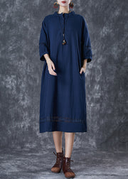 Navy Hollow Out Cotton Maxi Dress Oversized Bracelet Sleeve