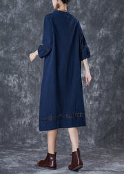 Navy Hollow Out Cotton Maxi Dress Oversized Bracelet Sleeve