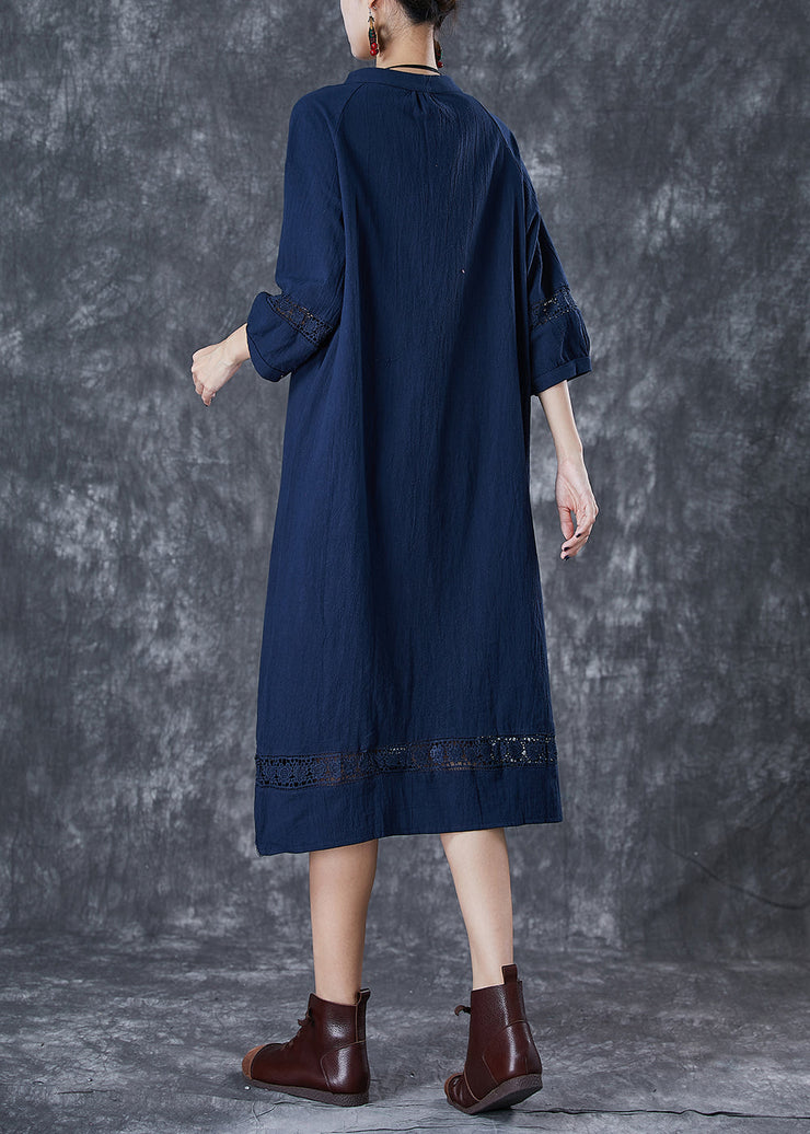 Navy Hollow Out Cotton Maxi Dress Oversized Bracelet Sleeve