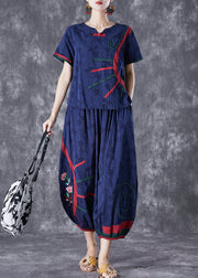 Navy Jacquard Cotton Two Piece Set Outfits Embroideried Summer