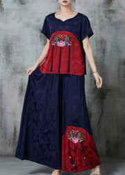 Navy Jacquard Silk Oriental 2 Piece Outfit Tasseled Embroidered Summer