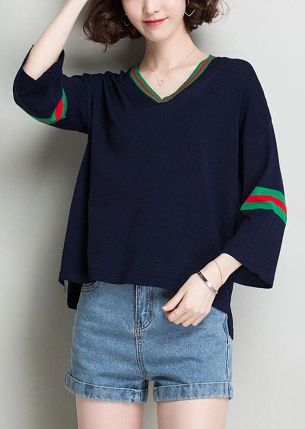 Navy Knit Pullover Tops Oversized Low High Design Bracelet Sleeve