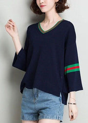 Navy Knit Pullover Tops Oversized Low High Design Bracelet Sleeve