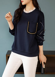 Navy Lace Patchwork Cotton Sweatshirt O Neck Long Sleeve