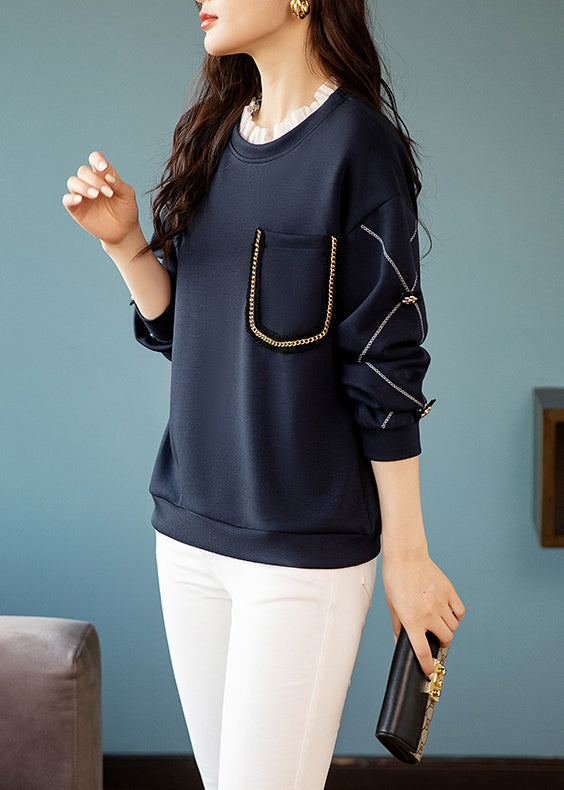 Navy Lace Patchwork Cotton Sweatshirt O Neck Long Sleeve