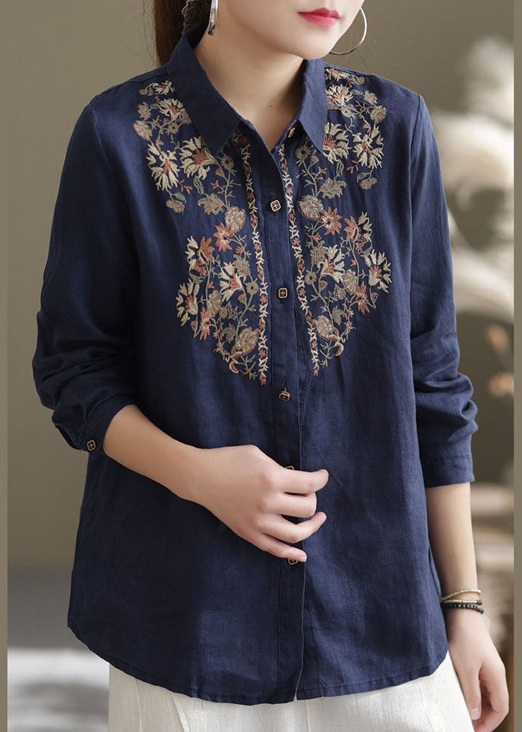 Navy Linen Shirt Top Turn-down Collar Embroideried Spring