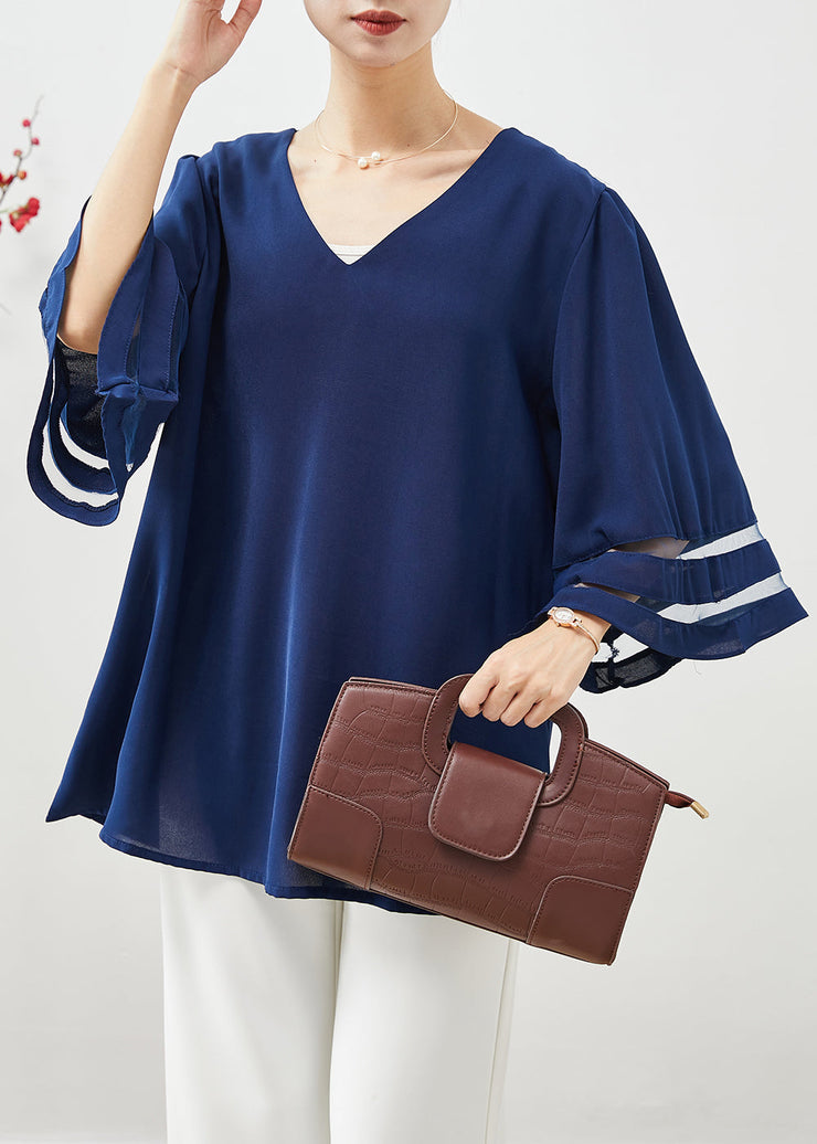 Navy Loose Chiffon Shirt Tops V Neck Hollow Out Flare Sleeve