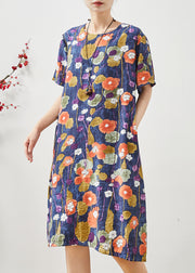 Navy Morning Glory Print Cotton Mid Dress Oversized Summer