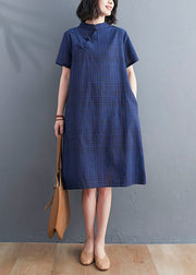 Navy Patchwork Cotton Dress Stand Collar Chinese Button Summer