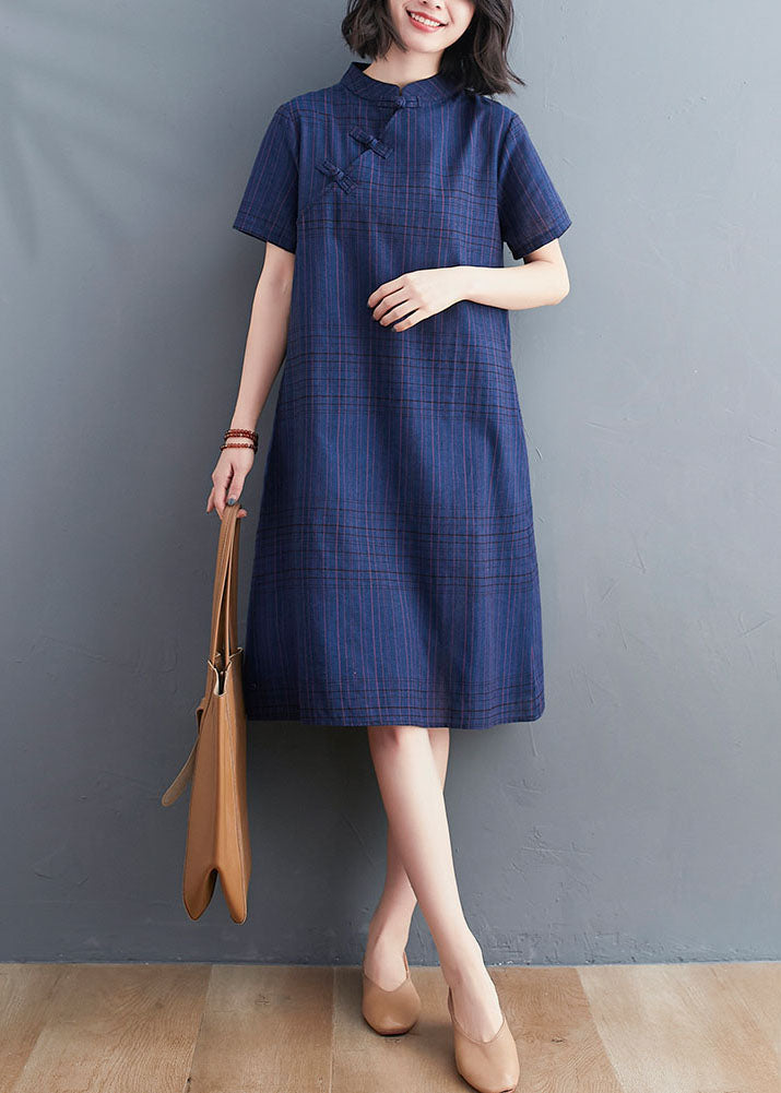 Navy Patchwork Cotton Dress Stand Collar Chinese Button Summer