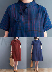 Navy Patchwork Cotton Dress Stand Collar Chinese Button Summer