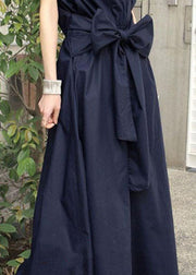 Navy Patchwork Cotton Long Dresses V Neck Wrinkled Summer