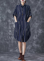 Navy Patchwork Cotton Shirt Dress Oversized Striped Summer