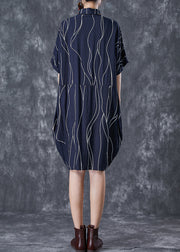 Navy Patchwork Cotton Shirt Dress Oversized Striped Summer