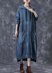 Navy Patchwork Cotton Sweatshirts Dress Hooded Pockets Fall