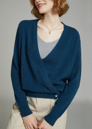 Navy Patchwork Cozy Woolen Knit Cardigans V Neck Long Sleeve