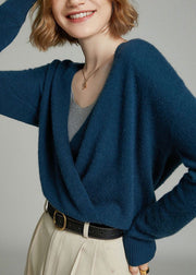 Navy Patchwork Cozy Woolen Knit Cardigans V Neck Long Sleeve