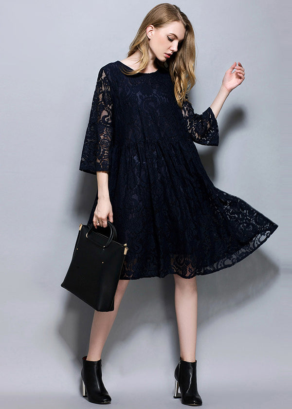 Navy Patchwork Lace A Line Dress O-Neck Oversized Summer